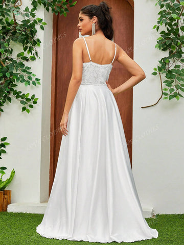 Satin Spaghetti Strap V-Neck Romantic Wedding Dress Floor-Length Lace Dress