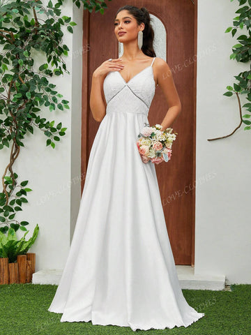 Satin Spaghetti Strap V-Neck Romantic Wedding Dress Floor-Length Lace Dress