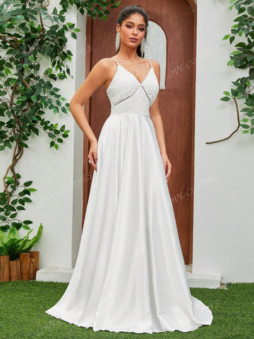 Satin Spaghetti Strap V-Neck Romantic Wedding Dress Floor-Length Lace Dress