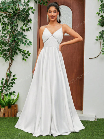 Satin Spaghetti Strap V-Neck Romantic Wedding Dress Floor-Length Lace Dress