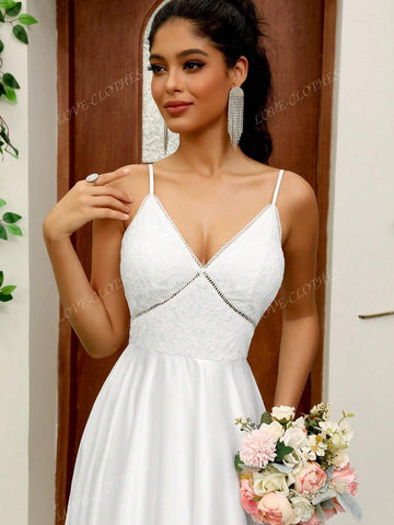 Satin Spaghetti Strap V-Neck Romantic Wedding Dress Floor-Length Lace Dress