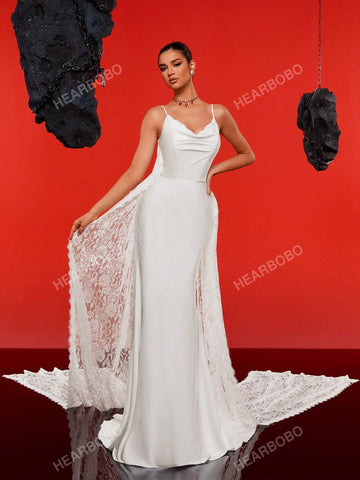 Satin Spaghetti Straps Long Tail Simple Wedding Dress