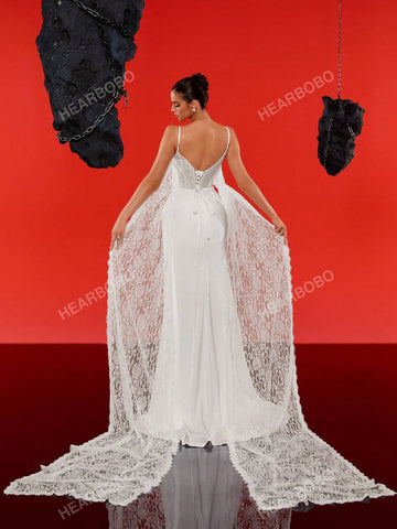 Satin Spaghetti Straps Long Tail Simple Wedding Dress