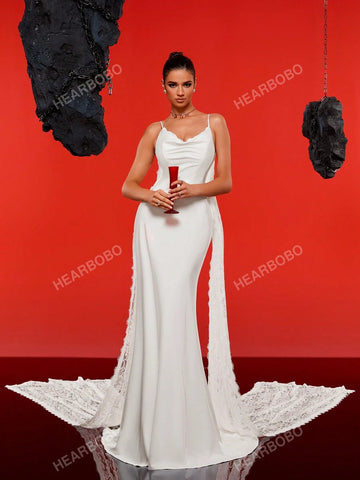 Satin Spaghetti Straps Long Tail Simple Wedding Dress