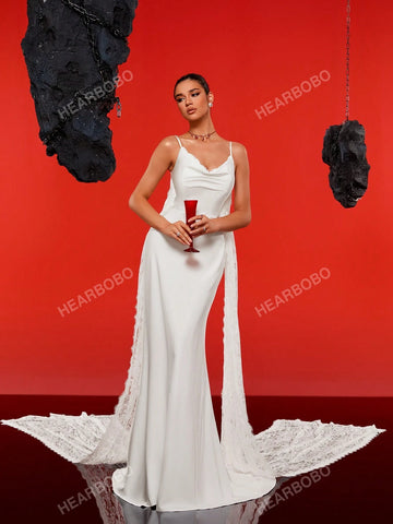 Satin Spaghetti Straps Long Tail Simple Wedding Dress