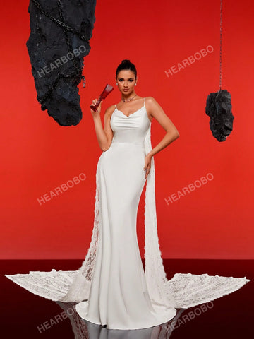 Satin Spaghetti Straps Long Tail Simple Wedding Dress