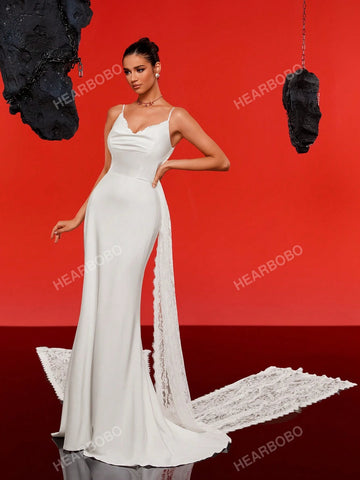 Satin Spaghetti Straps Long Tail Simple Wedding Dress