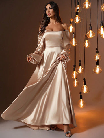 Satin Square Neck Tie Long Sleeve Party Dress