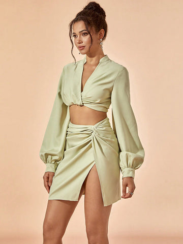 Satin Twist Front Lantern Sleeve V-Neck Crop Top & Twist Front Split Skirt
