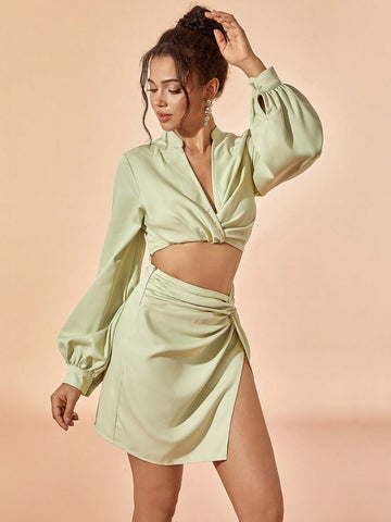 Satin Twist Front Lantern Sleeve V-Neck Crop Top & Twist Front Split Skirt