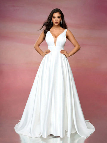 Satin V-Neck A-Line Empire Waist Wedding Dress