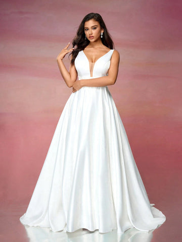 Satin V-Neck A-Line Empire Waist Wedding Dress