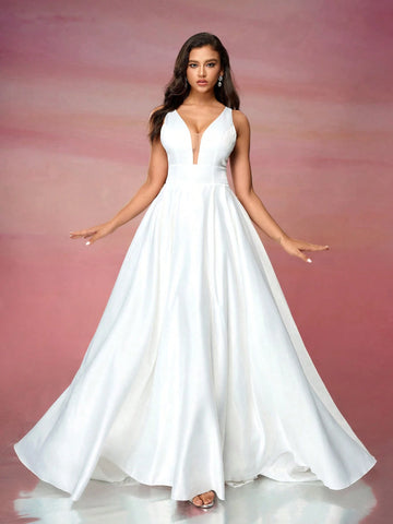 Satin V-Neck A-Line Empire Waist Wedding Dress