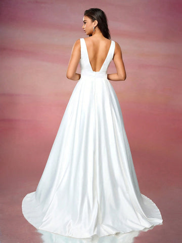 Satin V-Neck A-Line Empire Waist Wedding Dress