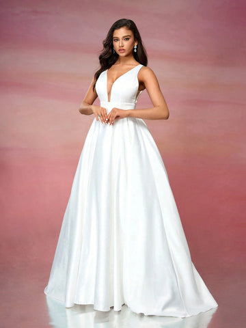 Satin V-Neck A-Line Empire Waist Wedding Dress