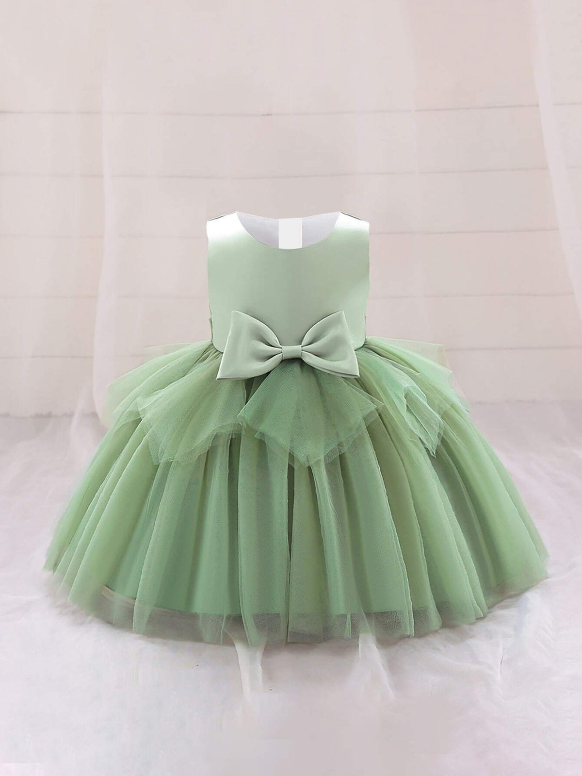 Satin & Tulle Patchwork Bow Decor Host Dress For Young Girls, Suitable For Performance, Event, Birthday Party