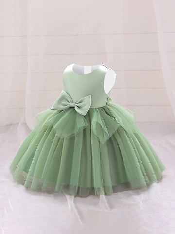 Satin & Tulle Patchwork Bow Decor Host Dress For Young Girls, Suitable For Performance, Event, Birthday Party