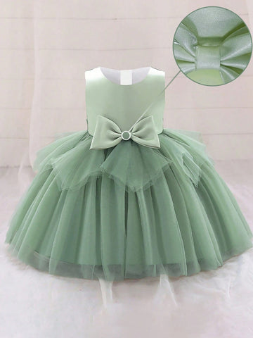 Satin & Tulle Patchwork Bow Decor Host Dress For Young Girls, Suitable For Performance, Event, Birthday Party