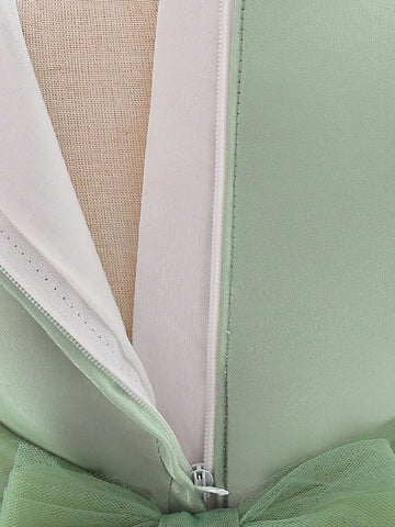 Satin & Tulle Patchwork Bow Decor Host Dress For Young Girls, Suitable For Performance, Event, Birthday Party