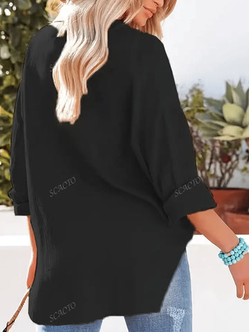 Long Sleeve V-Neck Solid Color Button-Up Shirt, Loose Fit, Fashionable Minimalist Design