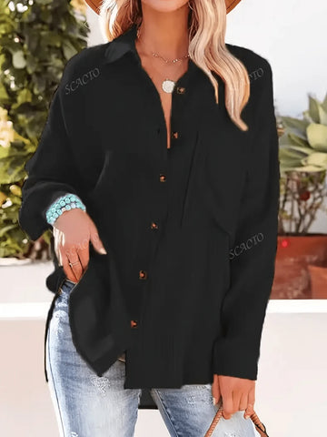 Long Sleeve V-Neck Solid Color Button-Up Shirt, Loose Fit, Fashionable Minimalist Design