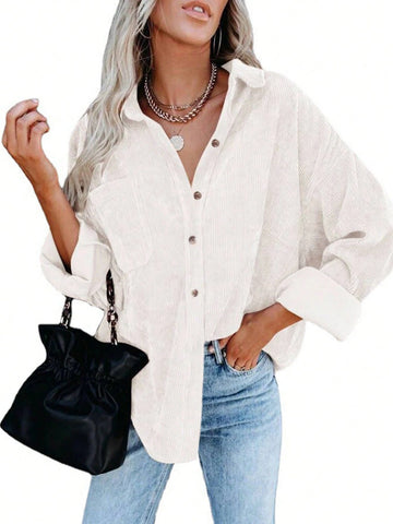 Solid Color Lapel Regular Straight Sleeve Corduroy Shirt, Daily Commute Home Party Fashion Wear