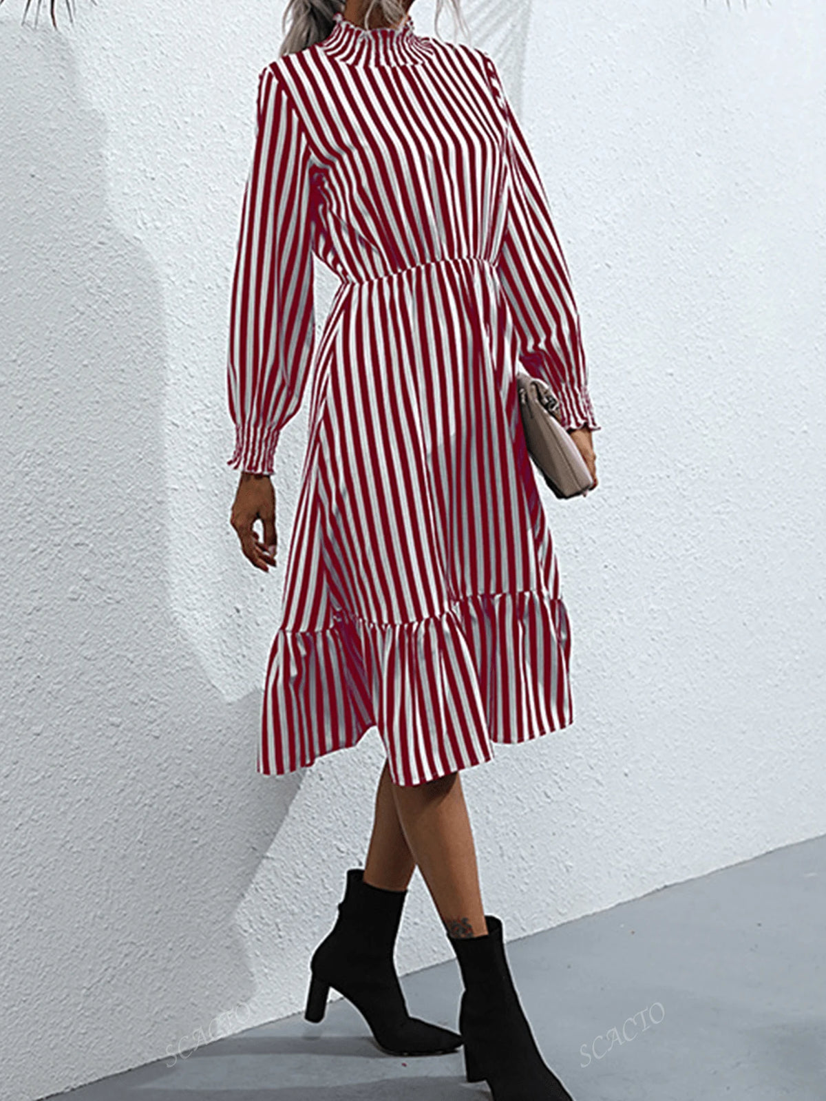 Scacto Women Casual Striped High Neck Long Sleeve Knee-Length Dress, Autumn
