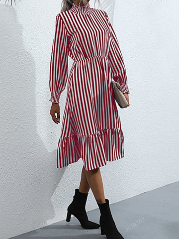 Scacto Women Casual Striped High Neck Long Sleeve Knee-Length Dress, Autumn