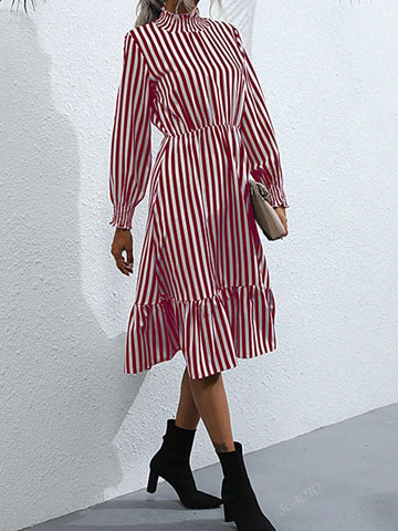 Scacto Women Casual Striped High Neck Long Sleeve Knee-Length Dress, Autumn