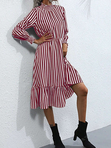 Scacto Women Casual Striped High Neck Long Sleeve Knee-Length Dress, Autumn
