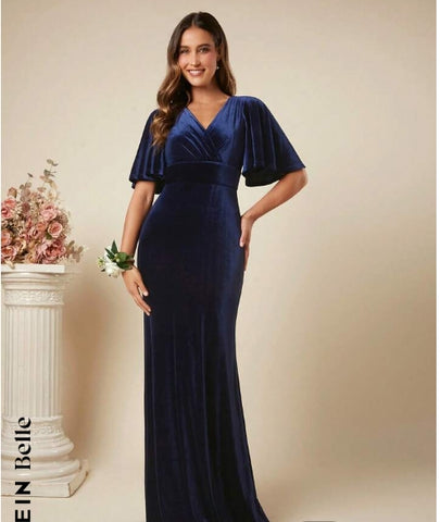 Belle Surplice Neck Butterfly Sleeve Mermaid Hem Velvet Bridesmaid Dress