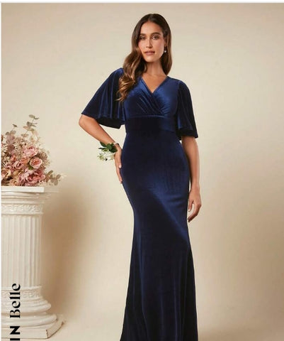 Belle Surplice Neck Butterfly Sleeve Mermaid Hem Velvet Bridesmaid Dress