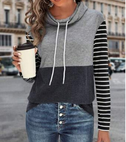 Striped Print Colorblock Drawstring Cowl Neck Tee