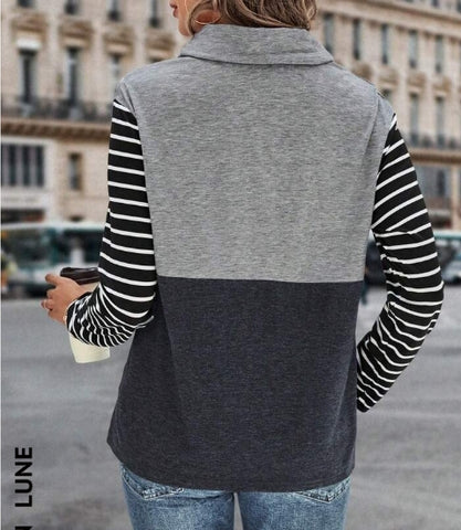 Striped Print Colorblock Drawstring Cowl Neck Tee