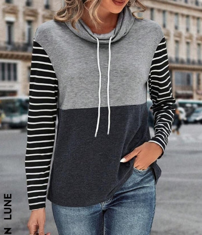 Striped Print Colorblock Drawstring Cowl Neck Tee