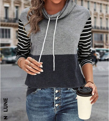 Striped Print Colorblock Drawstring Cowl Neck Tee