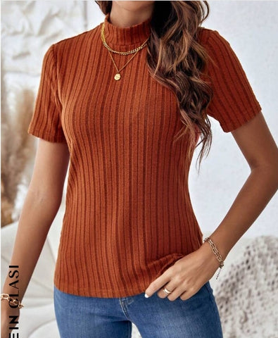 Mock Neck Ribbed Knit Tee