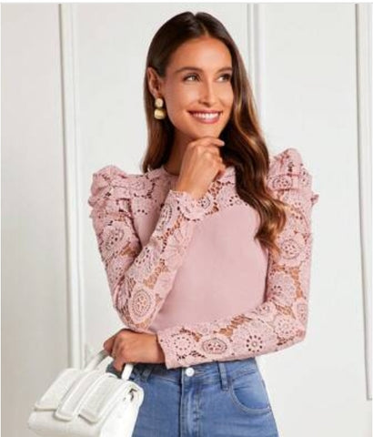 Guipure Lace Insert Gigot Sleeve Tee