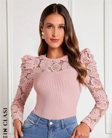 Guipure Lace Insert Gigot Sleeve Tee