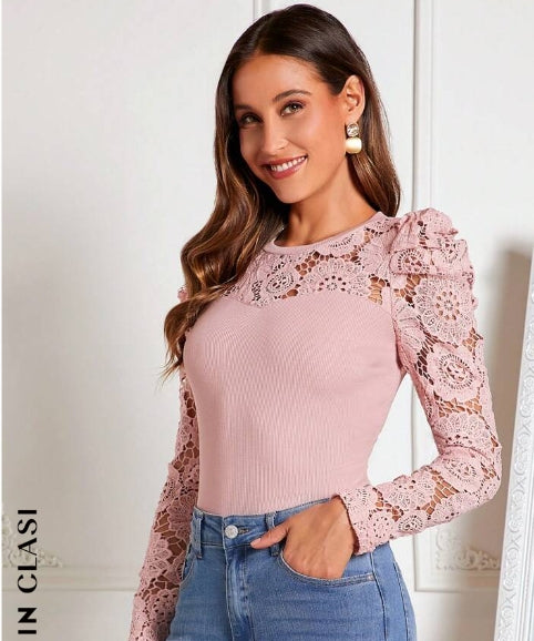 Guipure Lace Insert Gigot Sleeve Tee