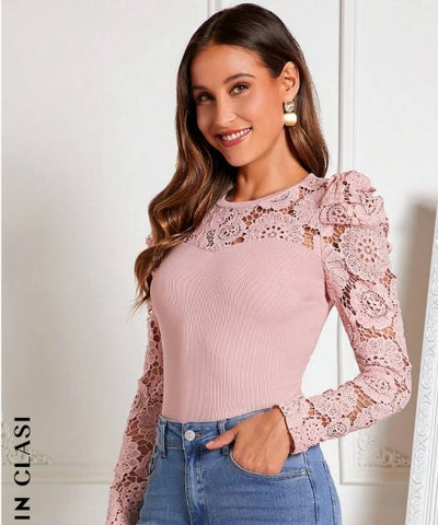 Guipure Lace Insert Gigot Sleeve Tee