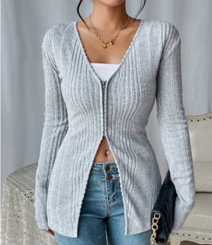 Solid Ribbed Knit Zipper Placket Tee