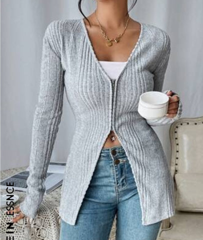 Solid Ribbed Knit Zipper Placket Tee