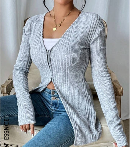 Solid Ribbed Knit Zipper Placket Tee