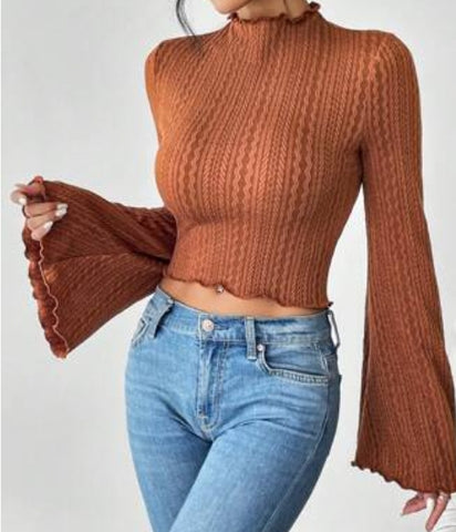 Lettuce Trim Trumpet Sleeve Mock Neck Crop Tee