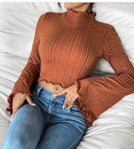 Lettuce Trim Trumpet Sleeve Mock Neck Crop Tee