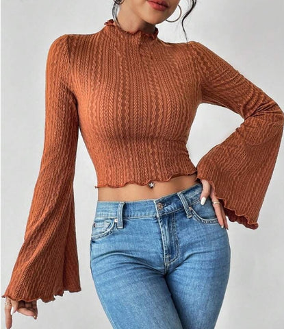 Lettuce Trim Trumpet Sleeve Mock Neck Crop Tee