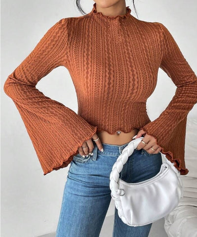 Lettuce Trim Trumpet Sleeve Mock Neck Crop Tee