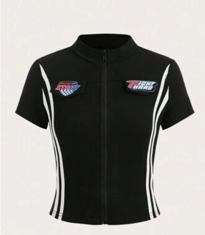 Letter Graphic Striped Side Zip Up Crop Tee