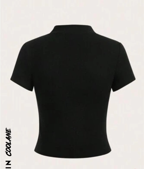 Letter Graphic Striped Side Zip Up Crop Tee